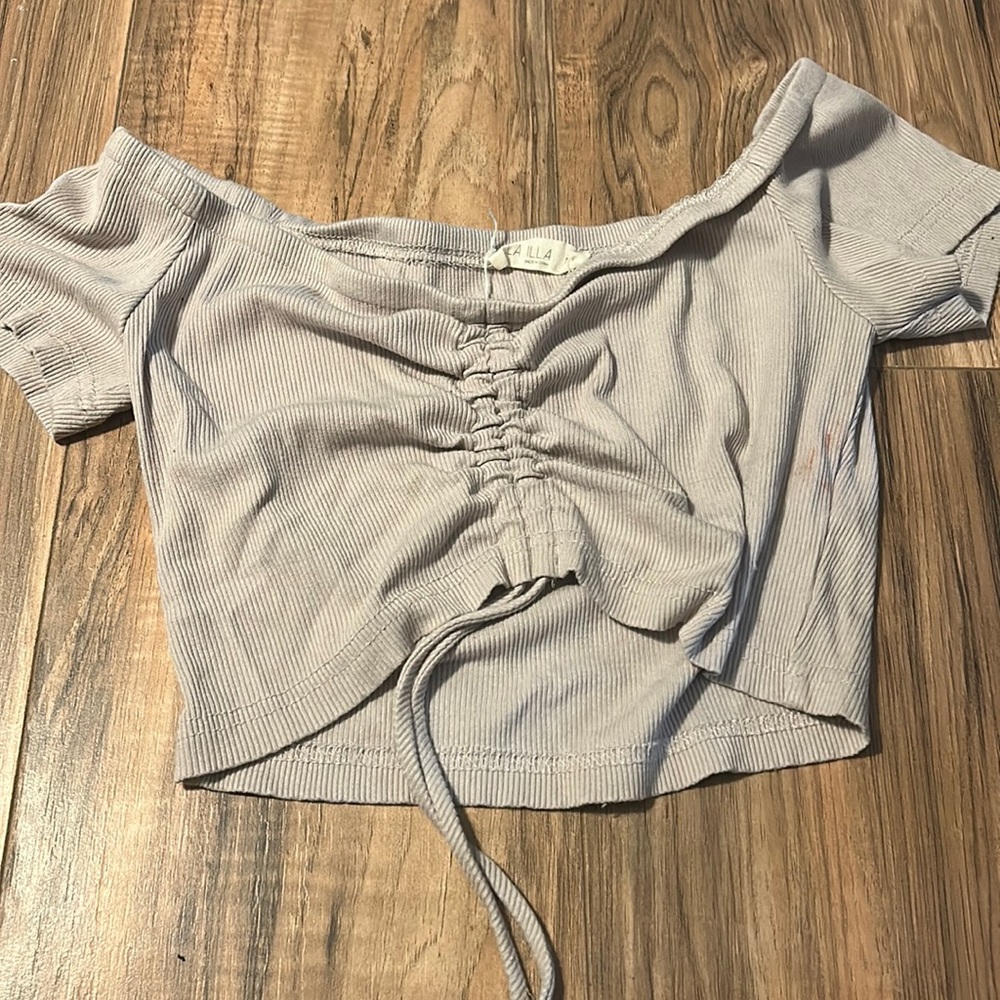 Tan cinched front crop top